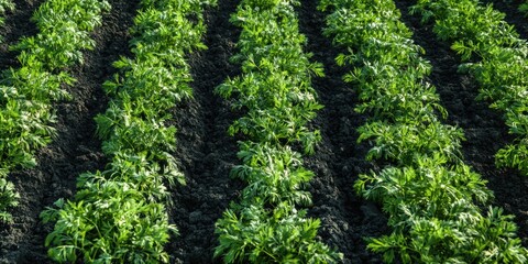 Poster - Rows of green carrot plants growing under the sun 