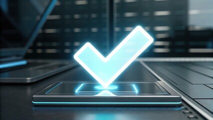 Poster - Laptop displaying a holographic blue check mark icon signifying digital confirmation and success