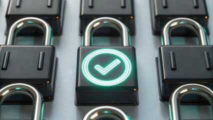 Poster - A set of black locks surrounded by a neon approval symbol representing security and protection