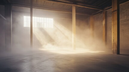 Poster - Sunbeams illuminate a dusty, empty warehouse with high ceilings and concrete floor.