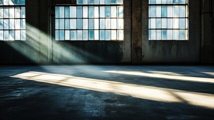 Aufkleber - Sunbeams illuminate a large, empty industrial space with aged walls and windows.