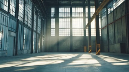 Aufkleber - Sunbeams illuminate a large, empty industrial warehouse with high ceilings and expansive windows.