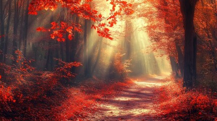 Poster - Sunbeams illuminate a path through a vibrant autumn forest with red leaves and fog.