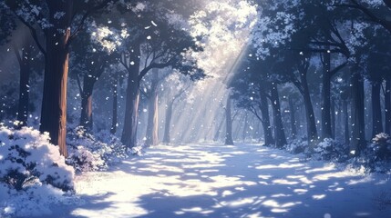 Aufkleber - sunbeams illuminate a snowy path through a tranquil winter forest.