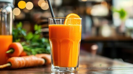 Poster - Tall glass of orange carrot juice with straw 