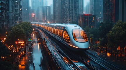 Poster - A sleek maglev train moves swiftly along elevated tracks in a modern city. Towering skyscrapers surround the scene under a rain soaked sky, highlighting advanced transportation.
