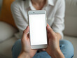 © Aitfatoul - mock up phone in woman hand showing white screen téléphone, tenir, main, mobile,