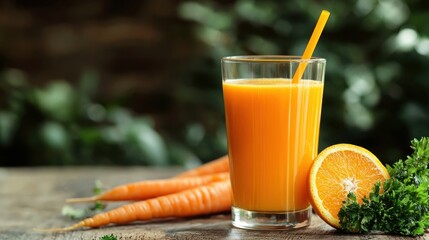 Poster - Tall glass of orange carrot juice with straw 