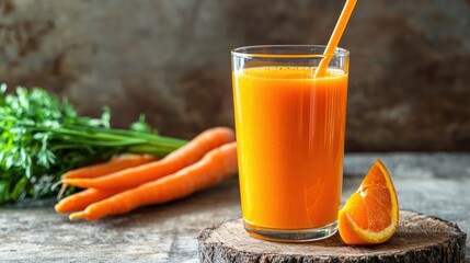 Poster - Tall glass of orange carrot juice with straw 