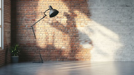Aufkleber - Sunlight streams into a minimalist room with exposed brick wall, a floor lamp, and a small plant.