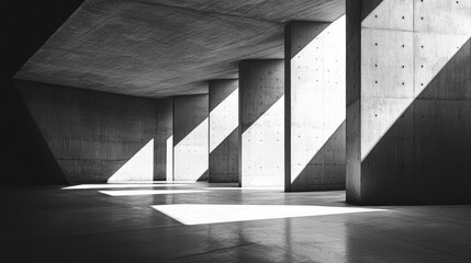 Aufkleber - Sunlight streams through concrete pillars in a modern building's interior, casting dramatic shadows on the floor.