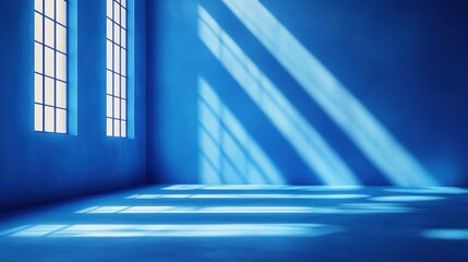 Aufkleber - Sunlit blue room corner with two large windows, showcasing light and shadow interplay on the walls and floor.