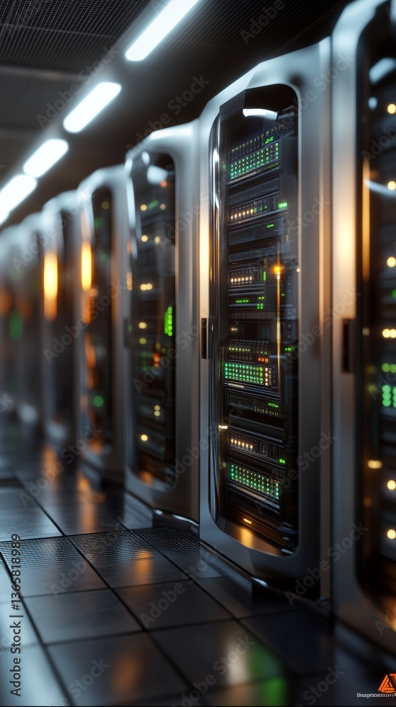 Server racks in a modern data center illuminated with soft lights ...