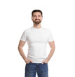 © New Africa - Man wearing blank t-shirt on white background. Mockup for design