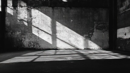 Poster - Sunlit grunge interior, abandoned building, textured wall, shadows, monochrome.