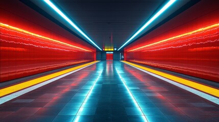 Aufkleber - A brightly lit subway station features sleek, red walls and glowing lights, creating a stunning visual for commuters in an urban transportation hub.