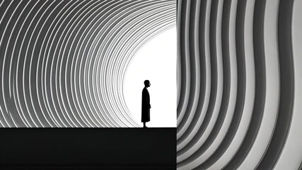 Poster - the labyrinth: a solitary figure contemplates an abstract labyrinth, framed by repeating wave-like p