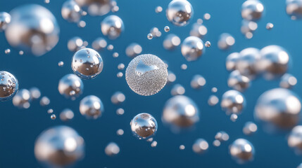Poster - Floating silver spheres against blue background create mesmerizing and futuristic scene. reflective surfaces of spheres add depth and intrigue to composition