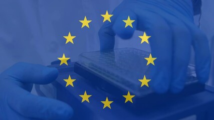 Poster - Handling scientific equipment, hands in gloves with European Union flag animation
