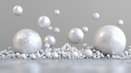 Poster - collection of variously sized white spheres is arranged textured surface, creating visually intriguing and abstract composition. spheres appear to be floating or resting, adding sense of movement