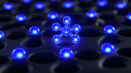 Poster - glowing blue molecular structure stands out against dark, perforated surface, surrounded by similar spheres. futuristic design evokes innovation and technology