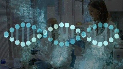 Poster - In laboratory, scientists working with DNA strand animation displayed on screen
