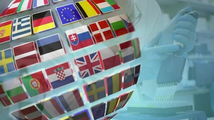 Aufkleber - in school, animation of flags forming globe over scientist working in laboratory