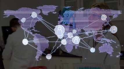 Poster - network of connections and data processing animation over scientists in laboratory