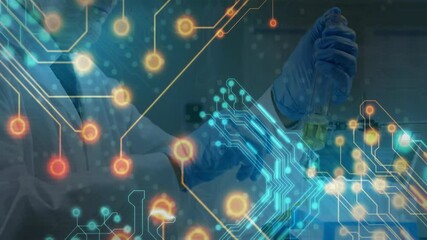 Poster - Scientist in laboratory processing scientific data with animation on equipment screen