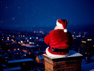 Poster - A person dressed as Santa Claus is sitting on a chimney, looking out at a snowy cityscape at night. The sky is dark with a few stars visible, and the city lights are illuminated below.