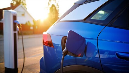 Aufkleber - a blue electric car parked outside a house, with a charging station visible in the background. The setting appears to be a residential area during the day, with sunlight casting a warm glow over the s