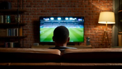 Aufkleber - a person sitting on a couch in a cozy living room, watching a soccer match on a large flat-screen TV. The room has a brick wall and a bookshelf, creating a comfortable atmosphere for watching TV.