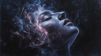 Wall Mural - the concept of the big bang in the echo of the human mind. oil painting of an attractive woman with 