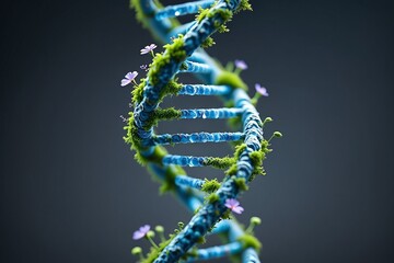 Poster - a 3D rendering of a DNA molecule, with the double helix structure prominently displayed against a dark background. The DNA strands are depicted in blue, and the base pairs are shown in green.