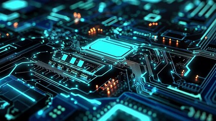 Poster - Circuit Board's Futuristic Glow: Close-up of a high-tech circuit board, illuminated with glowing neon lines and intricate electronic components.