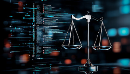Aufkleber - digital illustration depicting scales with one side heavier, set against backdrop of computer code, symbolizing balance between technology and justice