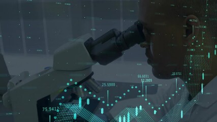 Poster - In lab, scientist using microscope, data analysis animation overlaying work scene