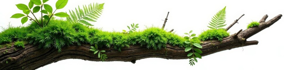 Moss and ferns on a tree trunk isolated on white background, foliage, greenery, wood