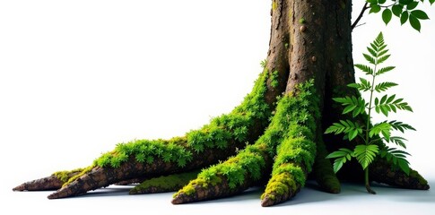 moss and ferns on a tree trunk isolated on white background, isolation, botany