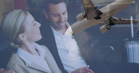 Poster - Conversing business professionals with airplane flying overhead, smiling and engaged