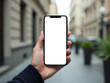 © Aitfatoul - businessman, computer, smart, telephone,  mock up phone in woman hand showing white screen téléphone, tenir, main, mobile,