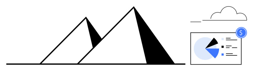 Black-and-white pyramids beside analytics dashboard and cloud graphics. Ideal for data analysis, business strategy, technology, cloud computing, finance, growth concepts, flat simple metaphor