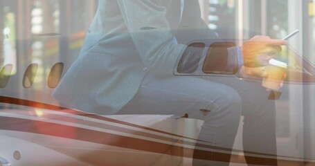 Poster - Using smartphone with airplane overlay, businessperson symbolizing travel and communication