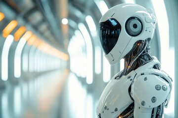Poster - A futuristic robot stands in a sleek, illuminated corridor in a sci-fi setting