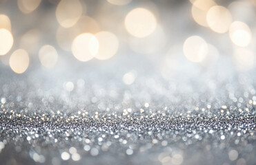 Poster - A close up shot of silver glitter with blurred golden bokeh lights in the background texture effect
