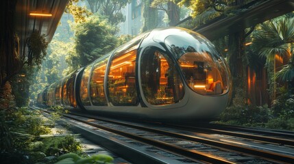 Poster - A sleek maglev train travels along elevated tracks in a vibrant city filled with greenery. The train features large windows, reflecting a blend of nature and innovation in transport.