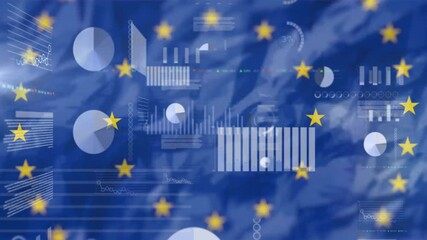 Poster - Animation of European Union flag with abstract data processing graphics overlay