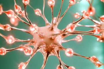 Poster - Neuron structure showcasing dynamic connections with glowing fibers. Abstract setting emphasizes complex network interactions in neuroscience. Concept of biology, research, healthcare