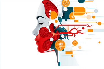 Poster - Human profile showcasing colorful depiction of anatomical organs and systems. Abstract design with red and orange elements against a clean white background