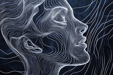Aufkleber - woman's face is drawn in white lines on a black background. The lines are wavy and the face is very detailed. Scene is calm and serene, as if the woman is in a peaceful state of mind